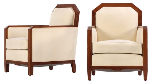 PAIR FRENCH WALNUT ART DECO LOUNGE CHAIRS C 1935.