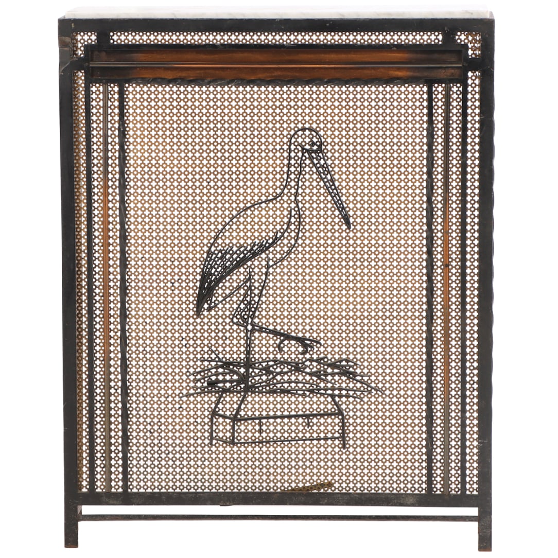 UNUSUAL FRENCH ART DECO IRON AND COPPER MARBLE TOP CONSOLE TABLE DEPICTING AN EGRET C 1940.: Unusual French Art Deco iron and copper marble top console table depicting an egret C 1940. Ht: 38.25" Wd: 30.25" Dpth: 8"