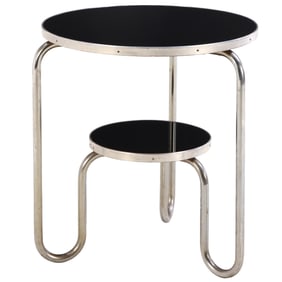 FRENCH NICKEL OVER IRON OCCASIONAL TABLE HAVING BLACK GLASS SURFACES C 1940.
