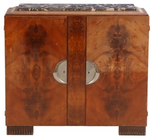 FRENCH WALNUT ART DECO SERVER HAVING TWO DOORS AND A MARBLE TOP C 1940.