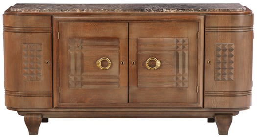 FRENCH OAK SIDEBOARD HAVING A MARBLE TOP C 1940.