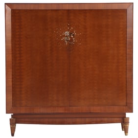 FRENCH ART DECO TWO-DOOR CABINET BY JULES LELEU, CIRCA 1950 IN ROSEWOOD PARQUETRY WITH INLAID