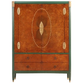 FRENCH ART DECO TWO-DOOR CABINET BY SOUBRIER IN BURLED WALNUT AND PAINTED SCULPTED WOOD, PAINTED