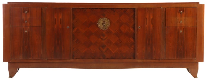 FRENCH ART DECO SIDEBOARD BY JULES LELEU, CIRCA 1945, IN ROSEWOOD WITH BRONZE MEDALLION AND DRAWER