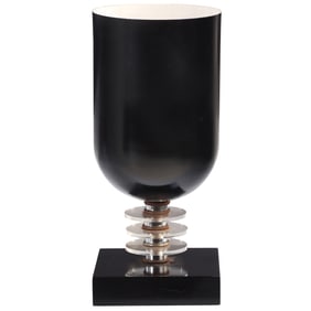 AMERICAN ART DECO TABLETOP TORCHIERE IN BLACK PAINTED METAL WITH PLEXIGLASS DISKS, CIRCA 1940