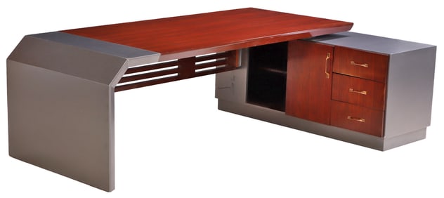MAHOGANY AND PAINTED TWO PART ART DECO STYLE DESK ALONG WITH TWO MATCHING WOOD WALL PANELS.
