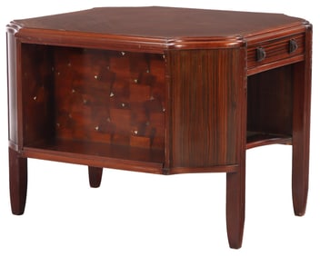 FRENCH ART DECO CENTER TABLE/DESK BY LOUIS MAJORELLE IN MAHOGANY WITH MACASSAR EBONY VENEER,