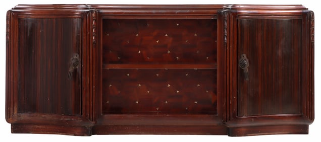 FRENCH ART DECO DESK BY LOUIS MAJORELLE IN MAHOGANY WITH MACASSAR EBONY VENEER, CUBIST PANEL