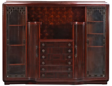 FRENCH ART DECO CABINET BY LOUIS MAJORELLE IN MAHOGANY WITH MACASSAR EBONY VENEER, CUBIST PANEL