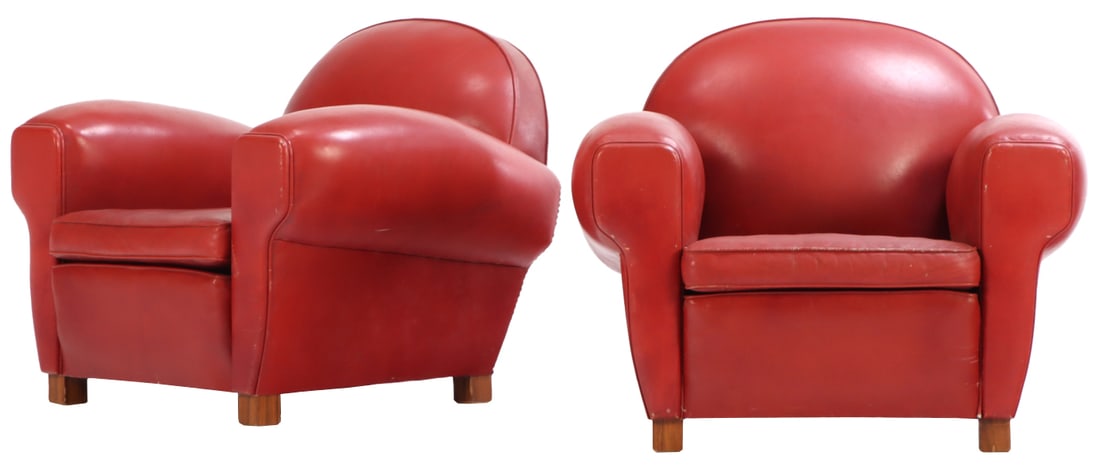 PAIR OF FRENCH RED VINYL ART DECO CLUB CHAIRS C 1940. (1 of 8)