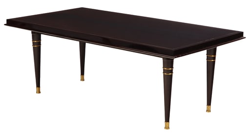 FRENCH MACASSAR EBONY BRASS MOUNTED AND INLAID TABLE BY MAURICE RINCK HAVING TWO LEAVES C