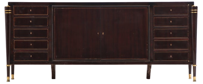 FRENCH MACASSAR EBONY BRASS MOUNTED AND INLAID SIDEBOARD BY MAURICE RINCK C 1940. BRANDED ON