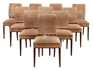 TEN FRENCH UPHOLSTERED DINING CHAIRS WITH RECENT FABRIC C 1940.
