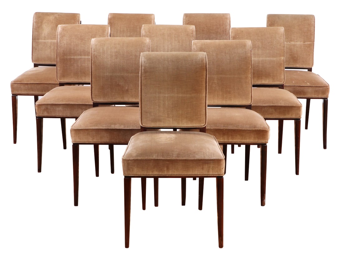 TEN FRENCH UPHOLSTERED DINING CHAIRS WITH RECENT FABRIC C 1940. (1 of 8)