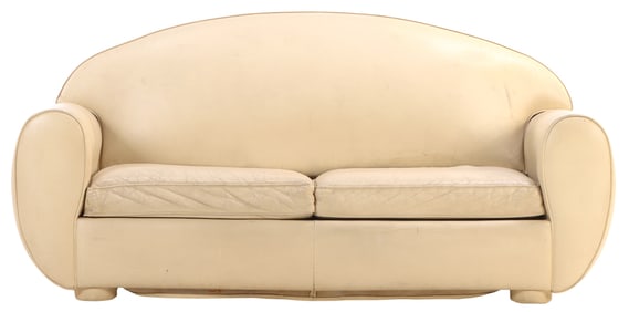 FRENCH ART DECO TWO-PLACE SOFA BED BY RENE DROUET, CIRCA 1960, WITH ORIGINAL WHITE LEATHER.