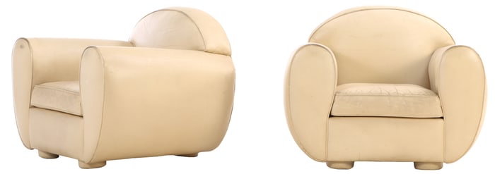PAIR OF FRENCH ART DECO CLUB CHAIRS BY RENE DROUET, CIRCA 1960, WITH ORIGINAL WHITE LEATHER.