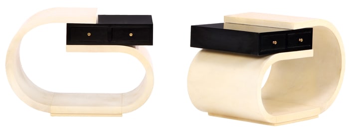 PAIR OF BENTWOOD PARCHMENT COVERED TABLES HAVING EBONIZED DRAWERS.