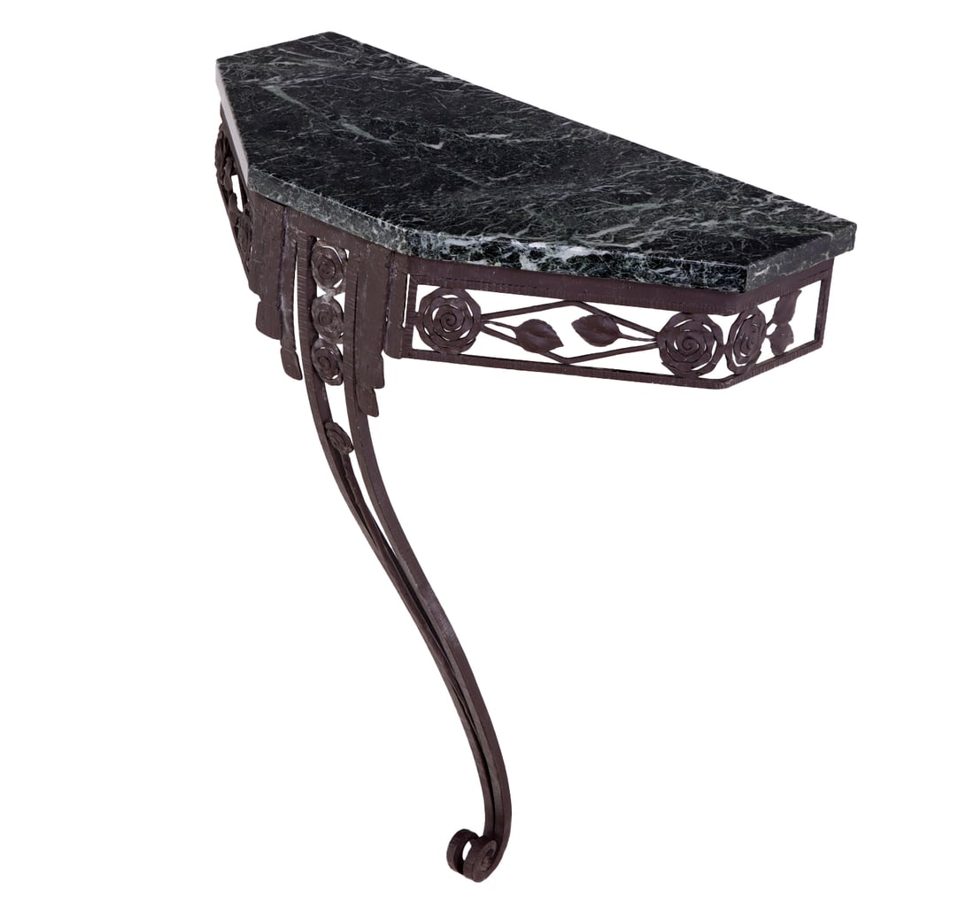 A FRENCH PAINTED IRON MARBLE TOP ART DECO CONSOLE TABLE C 1930.: A French painted iron marble top Art Deco console table C 1930. Ht: 34" Wd: 27.75" Dpth: 14"