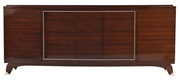 QUALITY FRENCH ART DECO ROSEWOOD SIDEBOARD HAVING FOUR DOORS IN THE MANNER OF RUHLMANN C 1935.