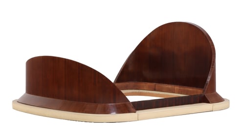 ROSEWOOD AND LEATHER QUEEN SIZE BED C 1980 IN THE MANNER OF JULES LELEU.