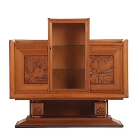 FRENCH ART DECO OAK SIDEBOARD HAVING A CENTRAL GLASS DOOR FLANKED BY WOOD DOORS WITH CARVED BIRDS