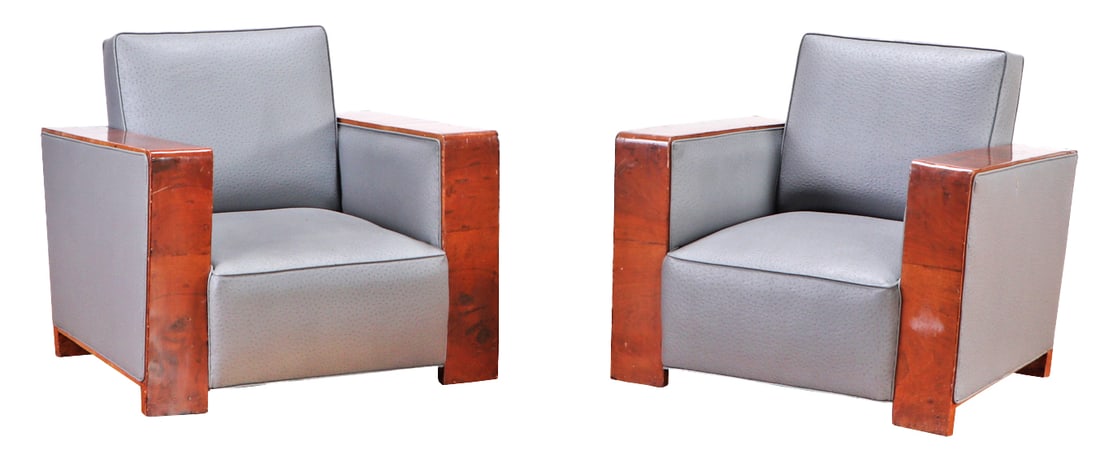 PAIR OF FRENCH ART DECO CLUB CHAIRS IN WALNUT AND LEATHER WITH OSTRICH SKIN TEXTURE. (1 of 7)