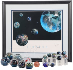 SEVENTEEN PIECES OF ART GLASS PAPERWEIGHTS AND A JOSH SIMPSON SIGNED POSTER.
