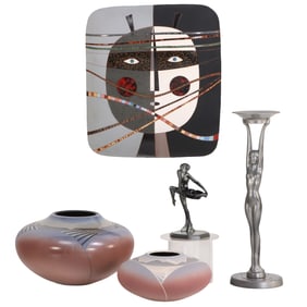 FIVE DECORATIVE OBJECTS INCLUDING LARGE LOUIS MENDEZ CERAMIC MASK, 2 AMY SARDNER CERAMIC POTS,
