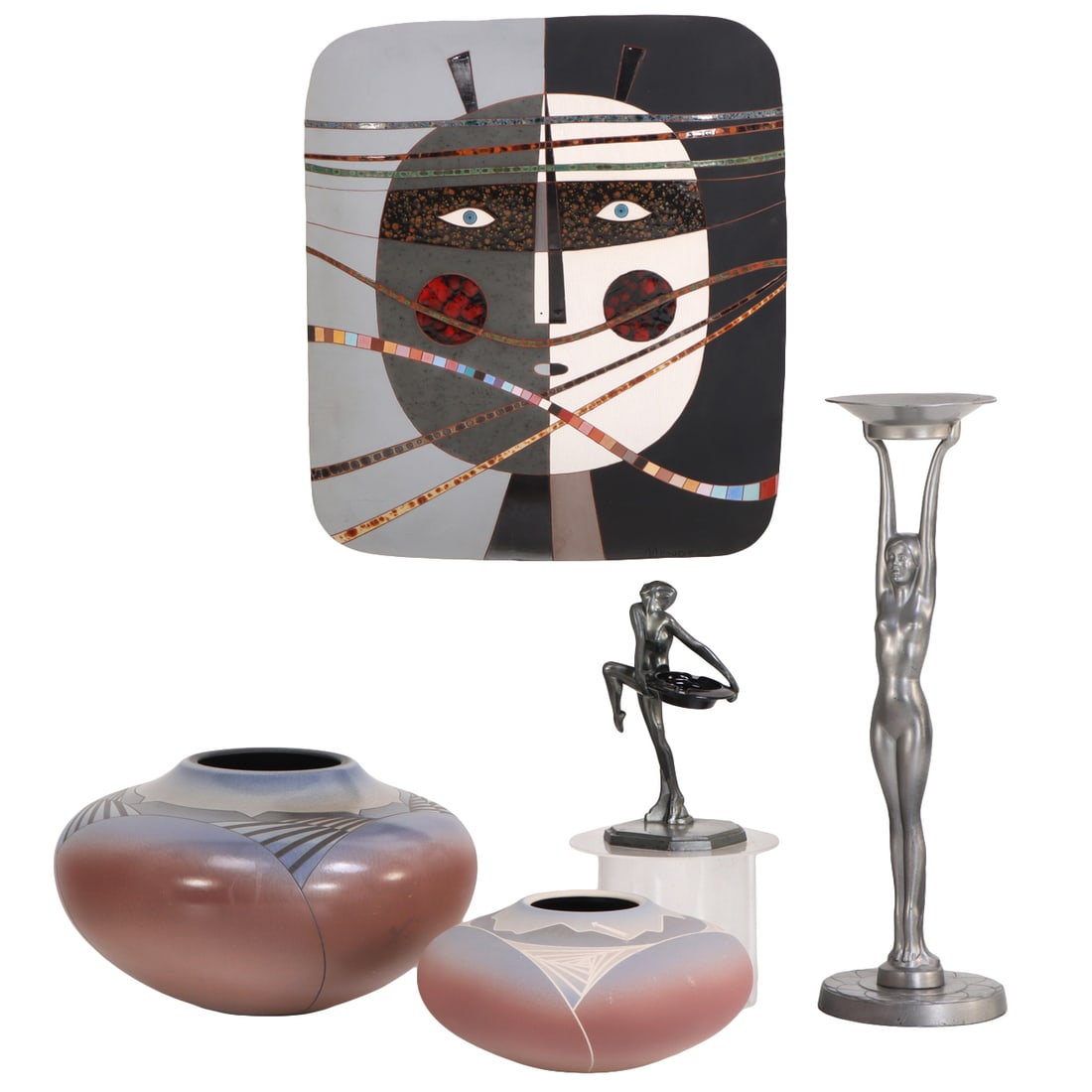FIVE DECORATIVE OBJECTS INCLUDING LARGE LOUIS MENDEZ CERAMIC MASK, 2 AMY SARDNER CERAMIC POTS,: Five decorative objects including large Louis Mendez ceramic mask, 2 Amy Sardner ceramic pots, and Art Deco figural tabletop ashtrays Dimensions provided correspond to largest ashtray. Ht: 23.25" Wd: