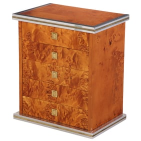 BIRDSEYE MAPLE CABINET HAVING STEEL AND BRASS TRIM IN THE MANNER OF WILLY RIZZO C 1970.