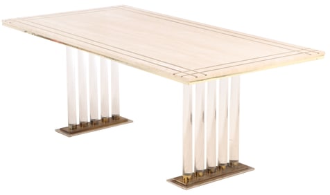 FRENCH TRAVERTINE TABLE HAVING BRASS INLAY RESTING ON LUCITE LEGS C 1970.