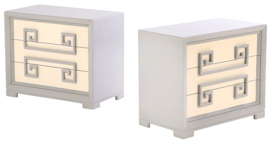 PAIR TWO TONE PAINTED COMMODES IN THE MANNER OF ROBSJOHN-GIBBINGS.