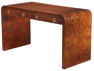 BIRDSEYE AND BURLED WOOD WRITING DESK WITH WATERFALL EDGE AND TWO DRAWERS LABELED BERKEY C