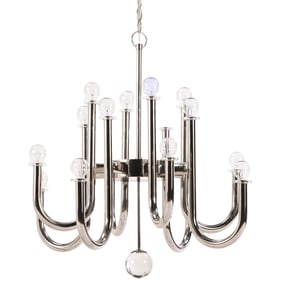A MODERN CHROME 16-LIGHT CHANDELIER HAVING GLOBE BULBS BY JONATHAN ADLER