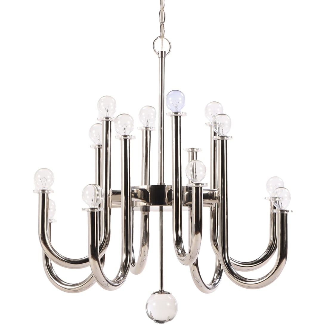 A MODERN CHROME 16-LIGHT CHANDELIER HAVING GLOBE BULBS BY JONATHAN ADLER: A modern chrome 16-light chandelier having globe bulbs by Jonathan Adler Ht: 26" Wd: 27.5" Dpth: 27.5"