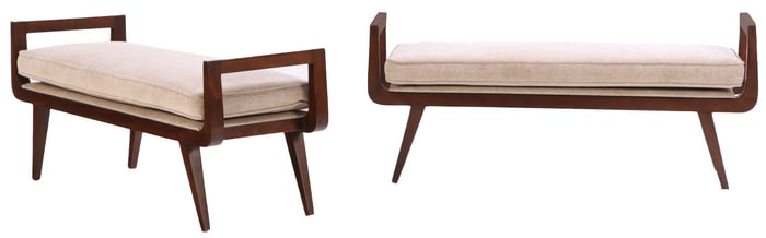 PAIR MODERNIST WINDOW BENCHES WITH LOOSE CUSHION UPHOLSTERY.