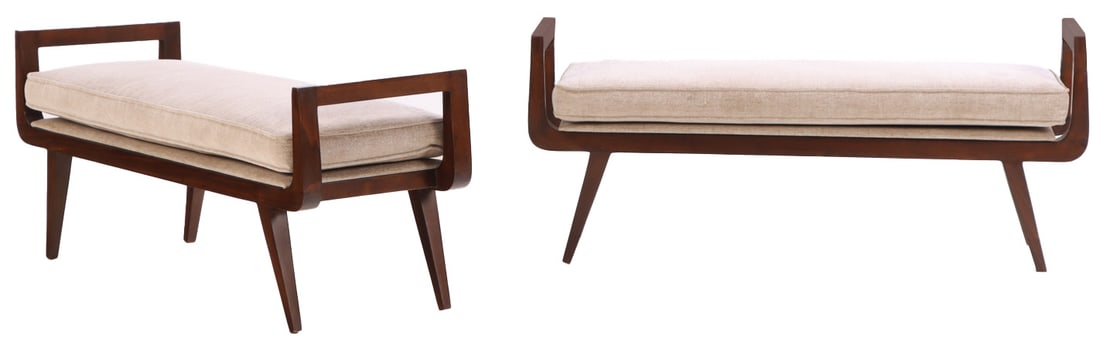 PAIR MODERNIST WINDOW BENCHES WITH LOOSE CUSHION UPHOLSTERY. (1 of 5)