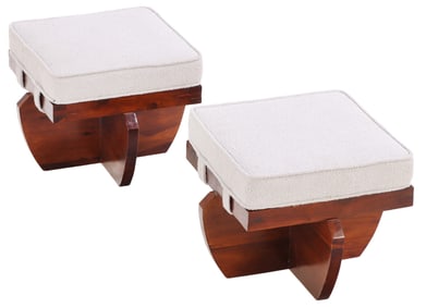 PAIR OF WALNUT STOOLS IN THE MANNER OF NAKASHIMA WITH LOOSE CUSHIONS.