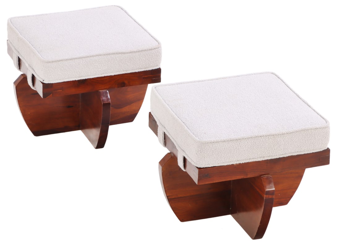 PAIR OF WALNUT STOOLS IN THE MANNER OF NAKASHIMA WITH LOOSE CUSHIONS. (1 of 5)