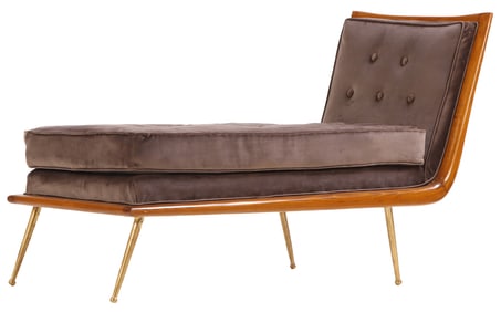 MAHOGANY UPHOLSTERED CHAISE LOUNGE RESTING ON BRASS LEGS IN THE MANNER OF ROBSJOHN-GIBBINGS.