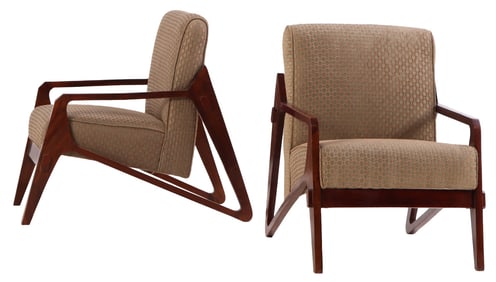 PAIR OF ROSEWOOD UPHOLSTERED LOUNGE CHAIRS WITH ANGELED SUPPORTS AND NEW FABRIC.
