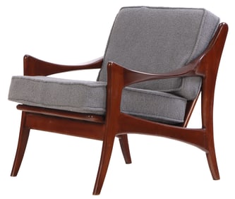 ROSEWOOD OPEN ARM CHAIRS HAVING DOWN SWEPT ARMS AND NEW FABRIC.