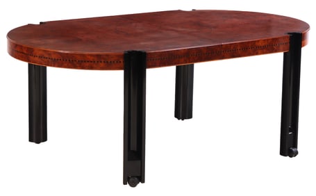 A ROCHE BOBOIS BURL WOOD WITH INLAY DINING TABLE. NO LEAVES PRESENT.