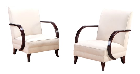 LARGE PAIR OF ART DECO WOOD AND UPHOLSTERED OPEN ARM CHAIRS C 1940.