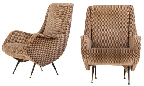 PAIR ITALIAN LOUNGE CHAIRS RESTING ON IRON LEGS C 1950.