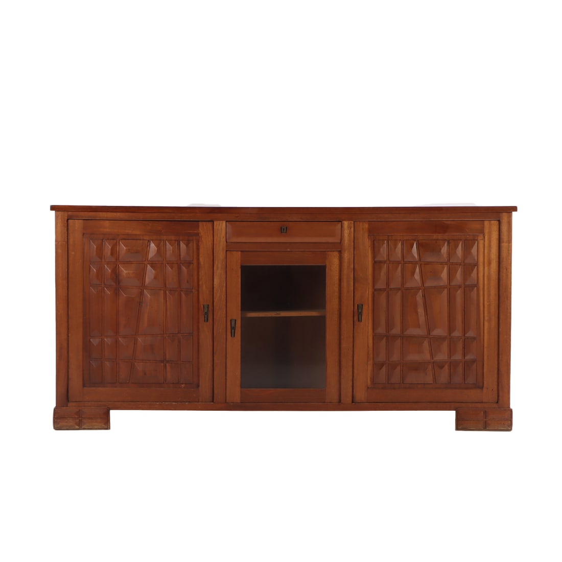 FRENCH MAHOGANY SIDEBOARD C 1940 IN THE MANNER OF CHARLES DUDOUYT HAVING A CENTRAL BEVELED GLASS