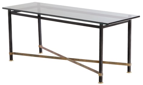 BRASS AND PATINATED IRON SOFA TABLE HAVING A SMOKED GLASS TOP AND X FORM STRETCHER C 1965.
