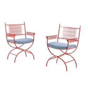 PAIR OF DIRECTOIRE STYLE PAINTED IRON CURULE FROM ARM CHAIRS HAVING NEW FABRIC