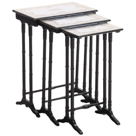 EBONIZED WOOD NEST OF TABLES HAVING EGLOMISE DECORATED MIRRORED TOPS C 1950.