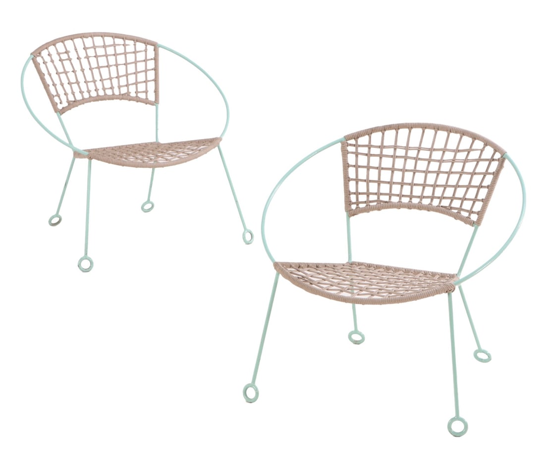 PAIR PAINTED IRON LOUNGE CHAIRS WITH ROPE SEATS AND BACKS AND LOOP FORM DETAILS. (1 of 7)